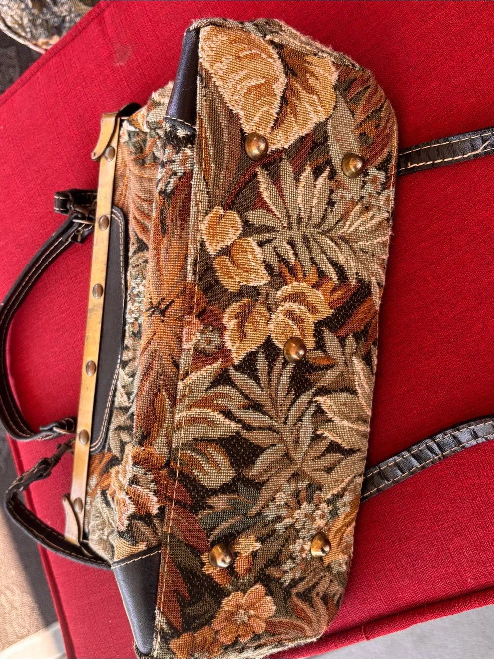 Vintage Floral Tapestry Top-Handle Bag in Brown and Black
